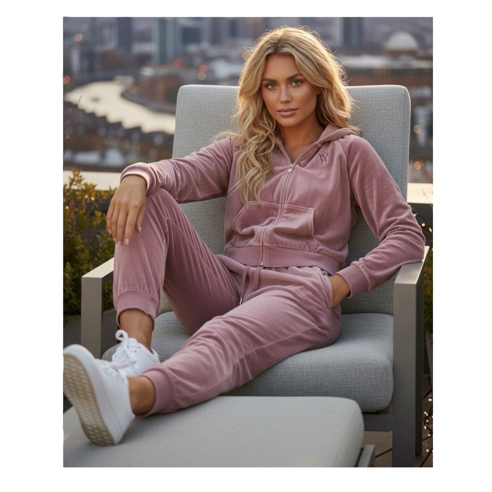 VICTORIA'S SECRET Track Suit Pink‎ Velour Rhinestone Hoodie Joggers Athleisure